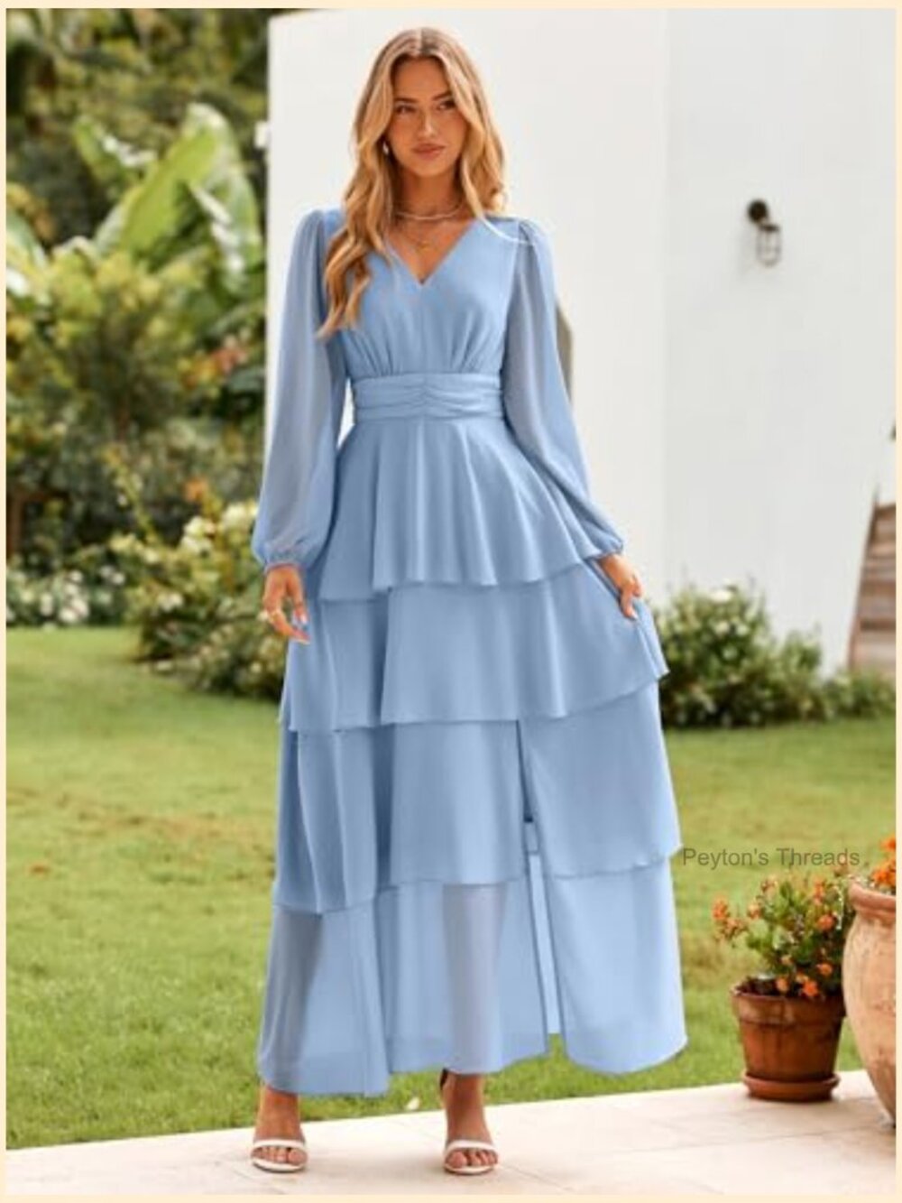Flowy Maxi Dress Chiffon Long Sleeve Slit V Neck Ruffle Tiered Boho Fall - Picture 3 of 7